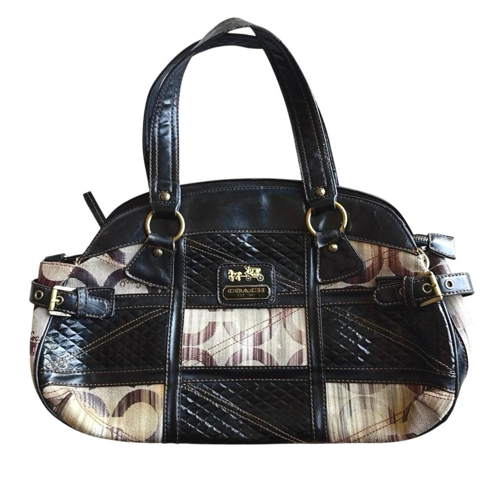 Vintage Coach Signature Patchwork Satchel Purse Black Leather Shoulder Bag 602